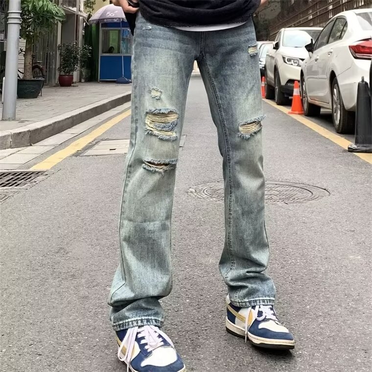 美式水洗裤子高街复古破洞牛仔裤男春季直筒宽松乞丐裤NTG37-P40图片