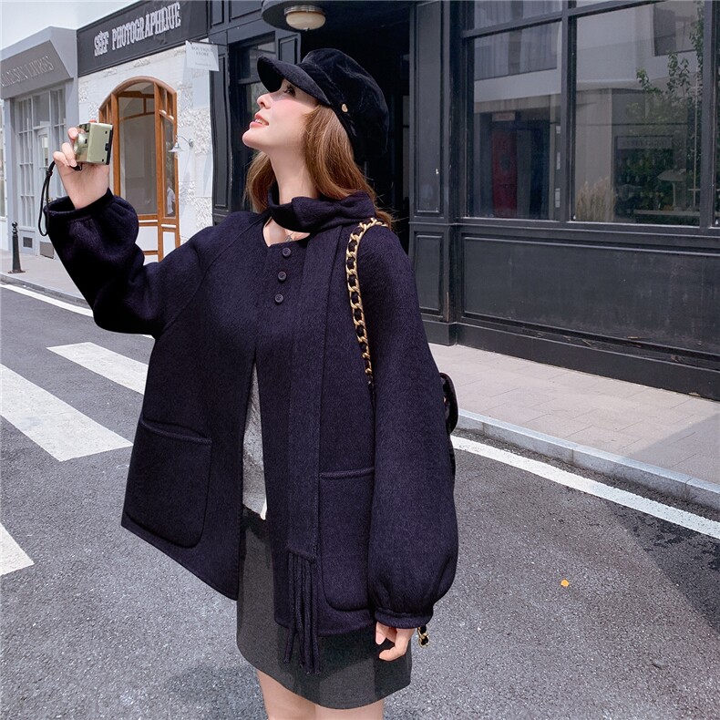 2025冬季新款飘带围脖双面羊毛呢大衣外套，女装双面呢大衣，乐吉娜