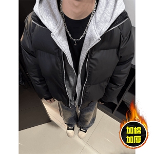 现货高品质重磅工艺美式高街假两件PU皮棉衣男女加厚棉服外套图片