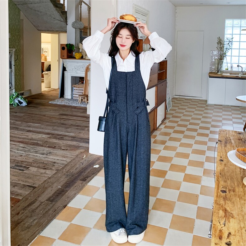 小个子复古高腰牛仔背带裤2024早秋新款港风设计感时髦阔腿连体裤，女装连体裤，2C158