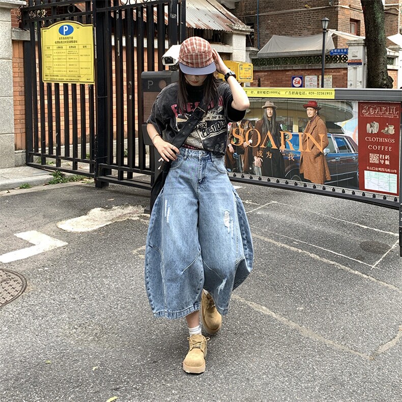 美式夏季刮烂破洞弯刀水洗牛仔裤男女宽松七分裤子潮流YD701-P65,男装牛仔裤,星座509