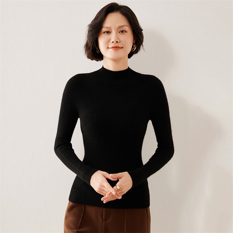 一线成衣无缝软糯感山羊绒衫女半高领抽条修身毛衣针织打底衫上衣,女装羊毛衫,伊绒腾羊绒