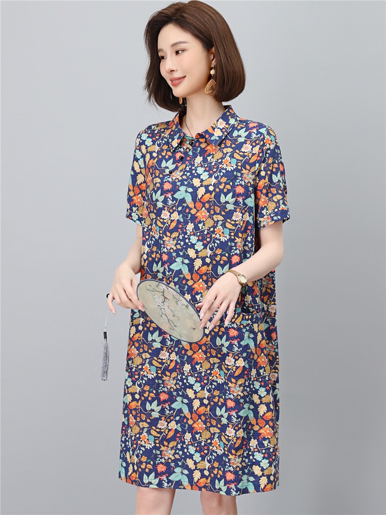 高端棉麻连衣裙女2026夏季新款宽松休闲中年妈妈薄款碎花裙子,女装连衣裙,独衣靓