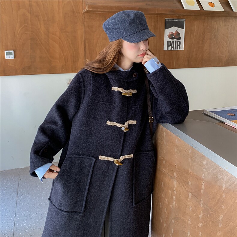 藏青色牛角扣双面呢羊毛大衣女秋冬2025新款高级感独特巨好看外套,女装毛呢外套,2C209
