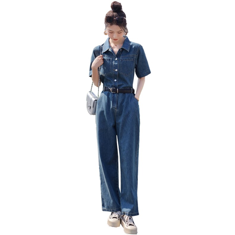 袖工装牛仔连体裤女2025夏季新款显高显瘦遮肉阔腿薄款连衣长裤,女装连体裤,新思路