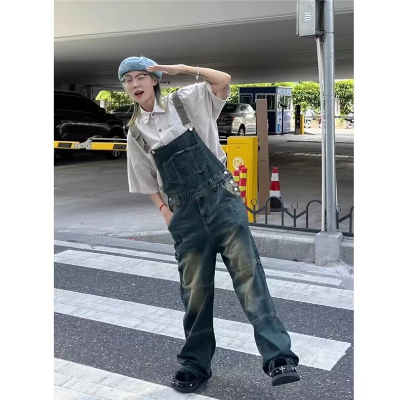 美式复古重磅宽松洗水怀旧磨旧高街直筒连体牛仔背带裤吊带裤男女,男装牛仔裤,星座506A