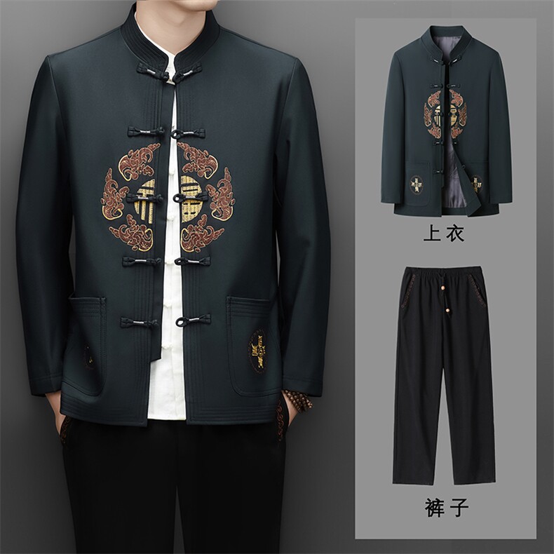 长期货高品质中老年风唐装春秋套装中式盘扣男士复古夹克图片