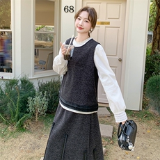 高级感马甲背心花边领泡泡袖衬衫三件套女春季高腰韩系大摆裙套装，女装套装/套裙，维壹