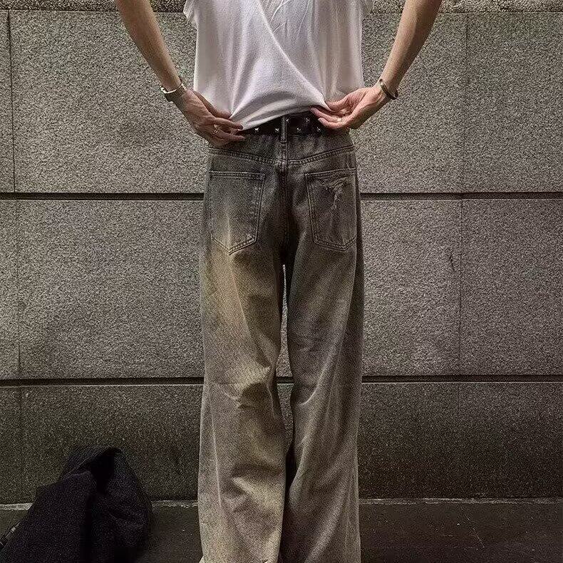 美式高个夏季破洞牛仔裤男泥染做旧高街废土风裤子阔腿拖地乞丐裤,男装牛仔裤,星座506A