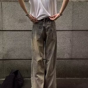 美式高个夏季破洞牛仔裤男泥染做旧高街废土风裤子阔腿拖地乞丐裤图片
