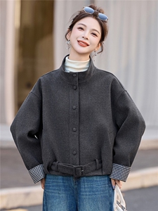 格纹拼接袖休闲立领短款外套女2025秋冬新款宽松百搭显瘦气质上衣图片