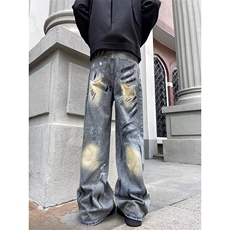 美式vintage涂鸦牛仔裤男潮牌水洗宽松阔腿裤春秋季痞帅休闲长裤，男装牛仔裤，星座601-1