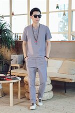 DY18*夏季爆款男士棉麻短袖T恤套装长裤两件套装男灰蓝*P50，男装T恤，星座1516（原B303）