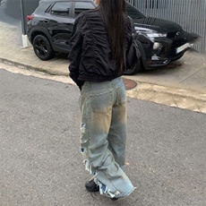韩版潮款流苏破洞牛仔裤垂感长裤水洗牛仔裤朋克风直筒裤腿青少年，男装牛仔裤，星座506A