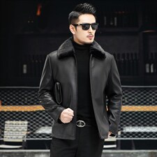 J8068T新款海宁男式绵羊皮皮衣男兔毛内胆翻领皮克服P990，男装皮衣，电商B360