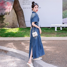 轻奢翻领收腰显瘦高级感舒适棉经典蓝色牛仔长裙连衣裙夏，女装连衣裙，印象茜