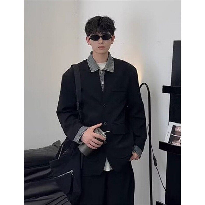 假两件牛仔西装外套男春潮牌拼接西服立领夹克高街休闲JK288,男装夹克,星座1116A（原606A-3）