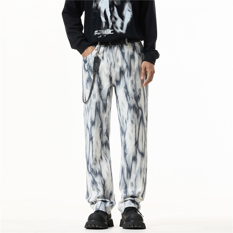 四季潮款美式高街扎染痞帅牛仔裤男宽松直筒显高休闲长裤，男装牛仔裤，电商D218A