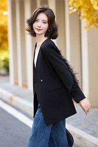 2024高端西装外套女春秋季新款上衣拼接羽毛时尚气质廓形设计西服图片