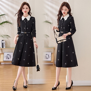 2026春季时髦气质收腰显瘦亮片刺绣天鹅中长款撞色翻领长袖连衣裙,女装连衣裙,琪绚服饰