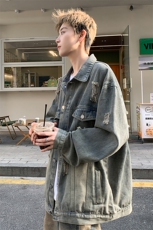 港风破洞牛仔夹克衫痞帅宽松潮牌学生外套韩版上衣HY481TP65控98，男装夹克，电商A102B