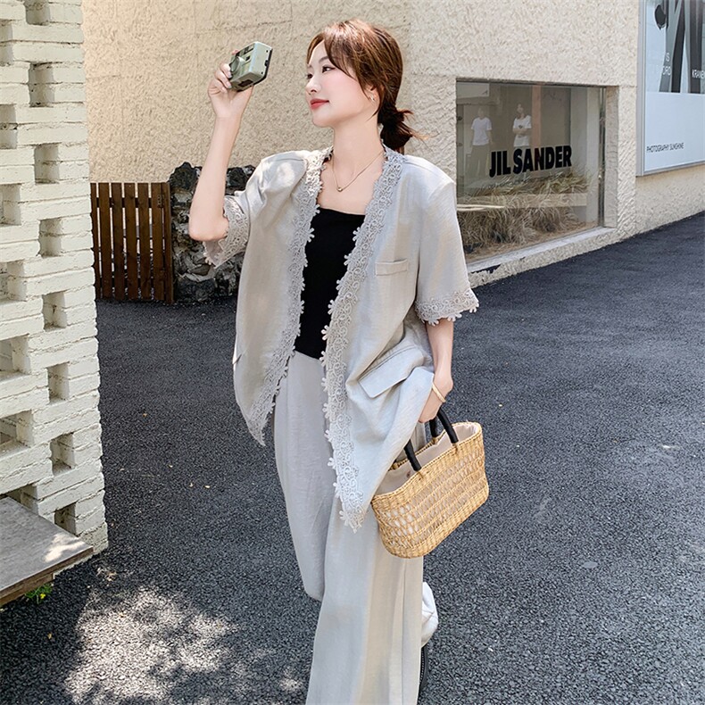 韩系蕾丝花边拼接短袖外套阔腿裤两件套女夏季新款时尚休闲套装潮图片