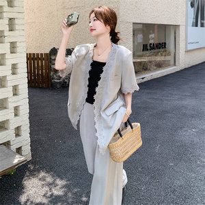 韩系蕾丝花边拼接短袖外套阔腿裤两件套女夏季新款时尚休闲套装潮图片