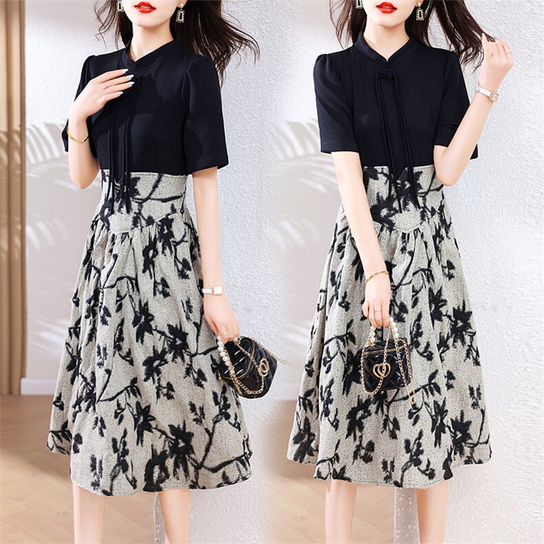 夏装新款短袖连衣裙2023修身显瘦时尚高级感假两件法式长裙现货！，女装连衣裙，一安秀