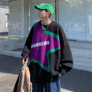 港风情侣街头嘻哈拼色星星提花圆领针织衫男潮牌宽松休闲百搭毛衣图片