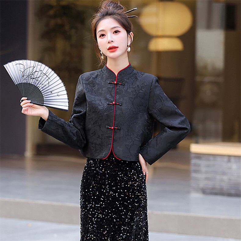 新中式国风提花盘扣外套女2025春秋新款修身气质改良唐装短款上衣,女装短外套,罗腾