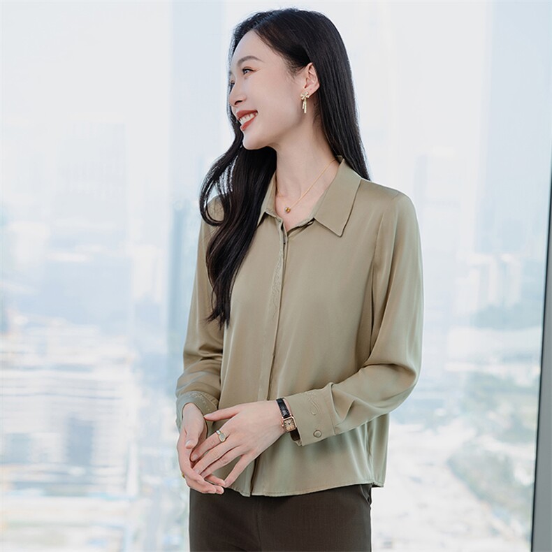 纯色绣花真丝衬衫女长袖宽松2026春季妈妈纯色衬衣显瘦真丝上衣,女装衬衫,阿舍尔精品