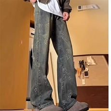 复古高街牛仔裤男春秋新款潮牌排扣设计感美式直筒微喇裤子，男装牛仔裤，星座506A