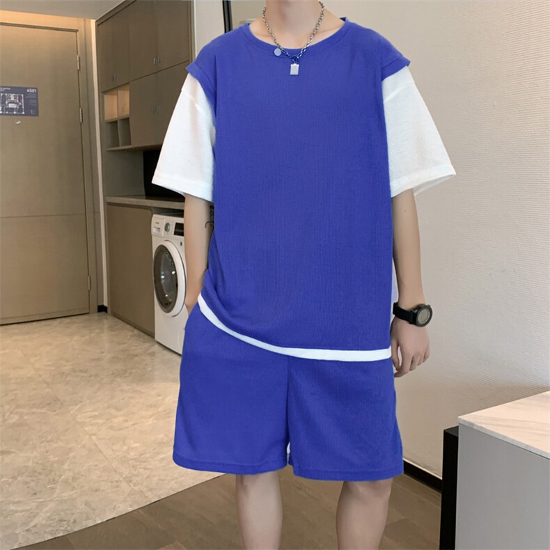 华夫格假两件套装休闲运动短袖短裤两件套潮男搭配衣服T1321-P40,男装T恤,星座512-2