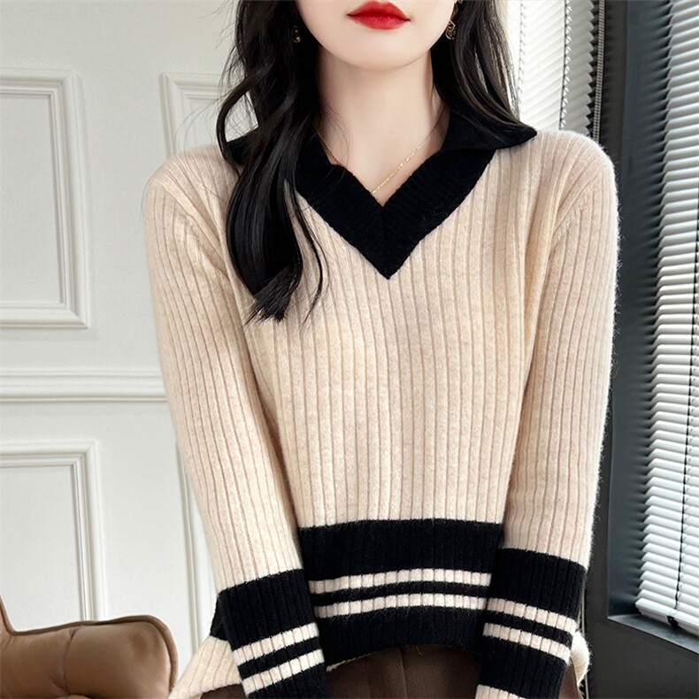 拼色翻领针织衫羊毛衫女秋冬2024年新款修身打底衫,女装羊毛衫,哲奥羊绒
