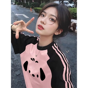 夏季美式高街重磅纯棉三条杠织带插肩撞色男女短袖T恤CZ195-特P25图片