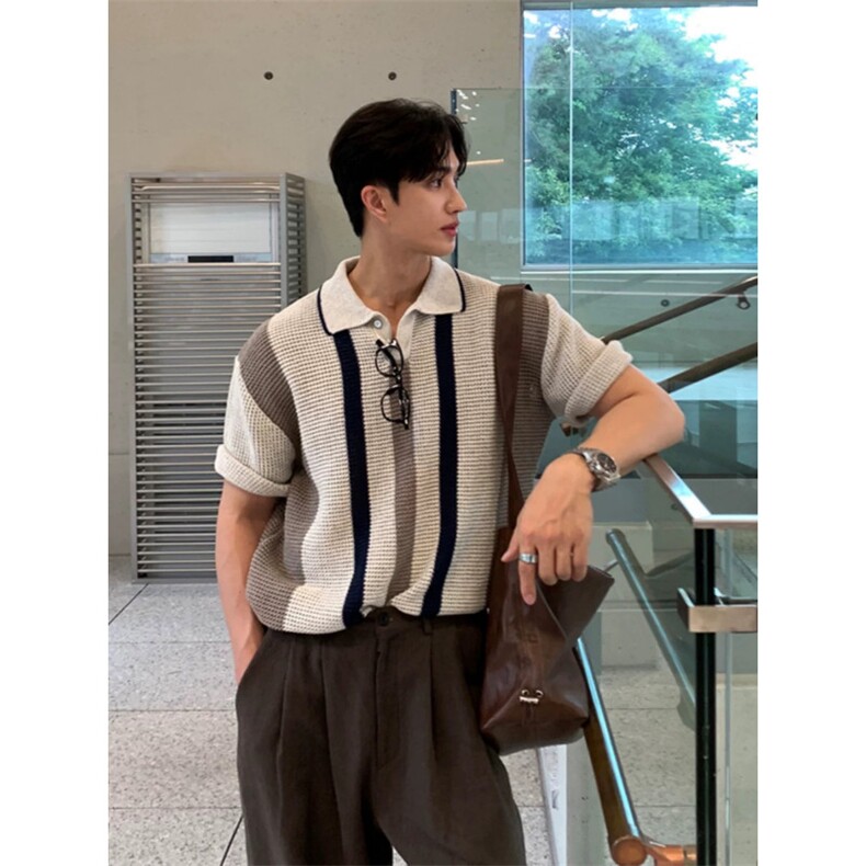 美式复古镂空针织polo衫男撞色条纹宽松短袖卫衣丝光棉冰丝保罗衫，男装T恤，四季星座505