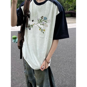 抖音得物高品质二开240克宽松纯棉美式潮牌插肩袖拼接短袖T恤图片