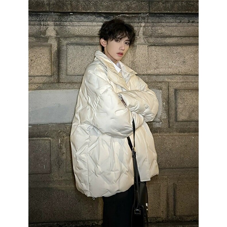黑色菱形格羽绒服男款冬季保暖高级感立领棉服情侣美式高街面包服,男装棉衣,星座1008