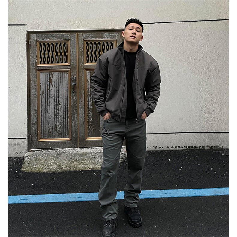抖音得物美式潮休闲夹克春季立领纯色复古工装加厚棉服外套AMY01,男装夹克,电商A443