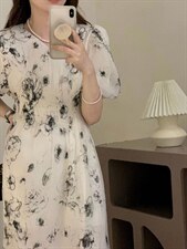 现货水墨画收腰连衣裙，女装连衣裙，素名