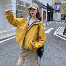 黄色假两件连帽休闲外套女2025春秋新款超好看小个子百搭户外上衣，女装短外套，2C198