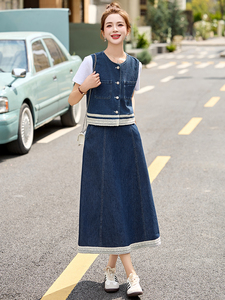 时尚蕾丝拼接牛仔马甲套装女2025年夏季新款洋气减龄半裙三件套图片