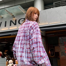 格子衬衫女上衣外套小众长袖蓝色衬衫扎染水洗宽松CJ04，男装衬衫，星座1116A-1（原606A）