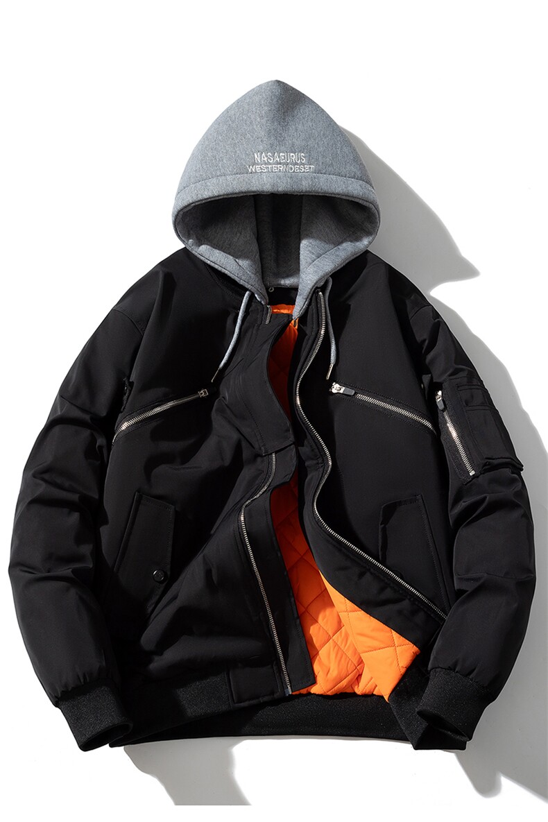 现货2色秋冬带帽可拆卸飞行服外套棉服夹克,男装棉衣,电商A105