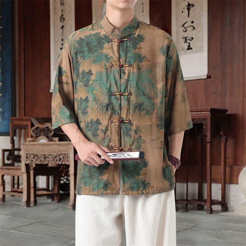 男士衬衫五分袖衬衣中袖印花立领唐装风XZ1512-2605-P45,男装T恤,星座1512