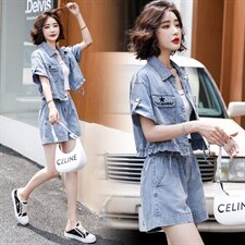 2021夏季新款时尚气质翻领休闲简约个性百搭舒适牛仔两件套，女装套装/套裙，纯色衣恋