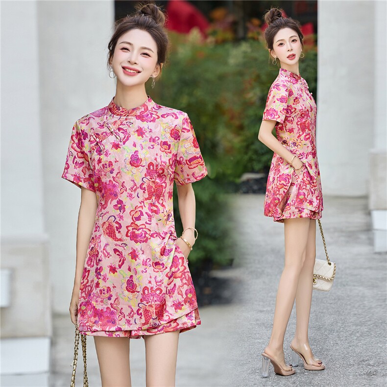 新中式印花连衣裙短裤套装女夏2025新款小个子国风旗袍裙子两件套,女装套装/套裙,贵人树