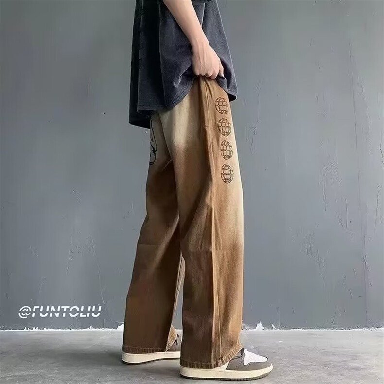 LE6601-P41抽绳字母渐变棕色毛边牛仔裤女高腰,男装牛仔裤,电商B323A