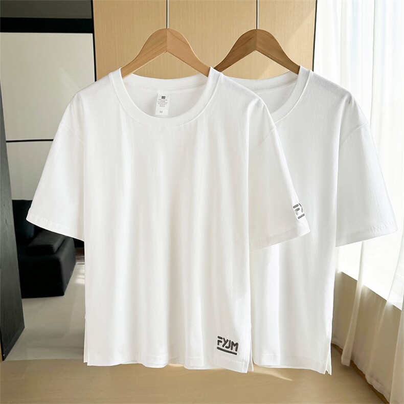 FYJM夏季短袖简约百搭纯色白色五分袖休闲舒适下摆开叉宽松背心衣，男装T恤，航轩羊绒
