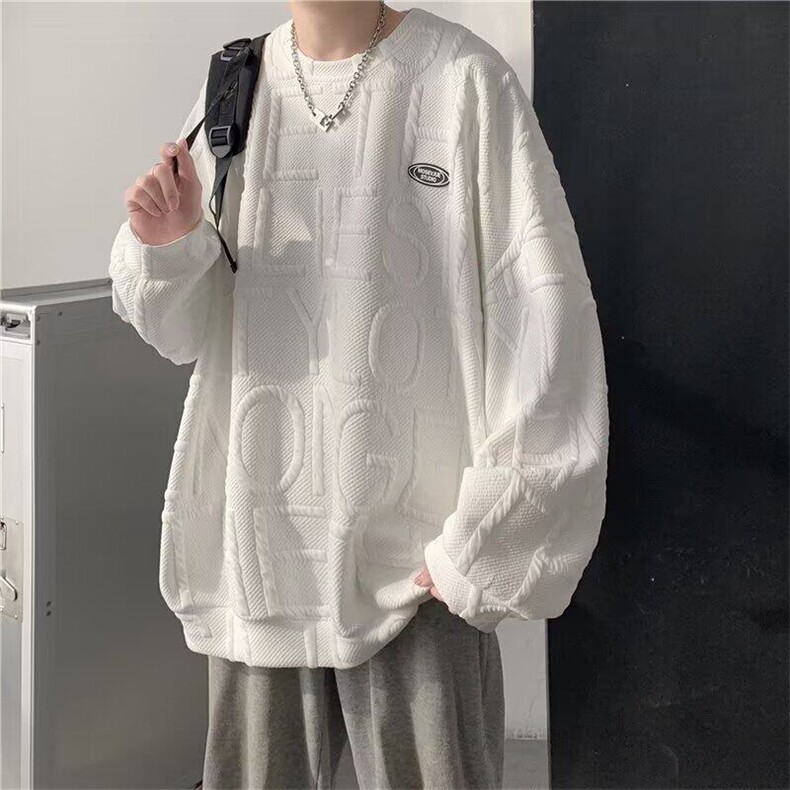 华夫格圆领卫衣男秋季潮流宽松大码慵懒风设计感情侣百搭休闲外套,男装卫衣,星座506A